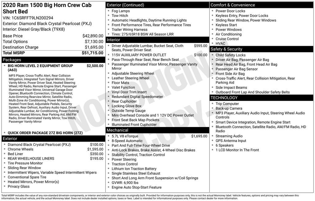 2020 RAM 1500 Big Horn Crew Cab 4x4 5'7' Box