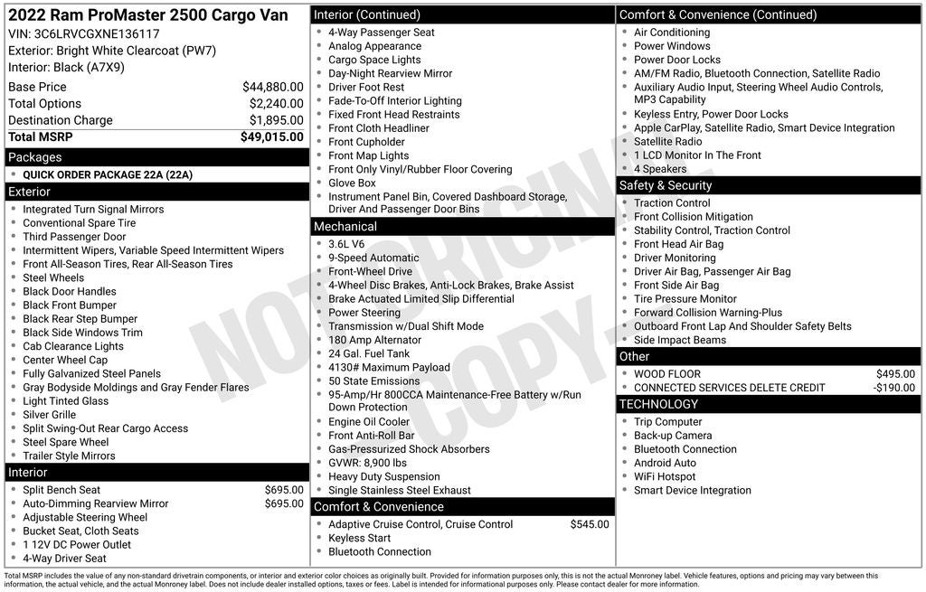 2022 RAM ProMaster 2500 Cargo Van High Roof 136' WB